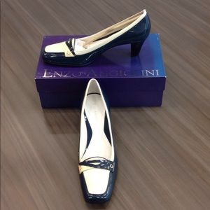 NWOT! ENZO ANGIOLINI Patent Heels, Navy/Ivory, 8M